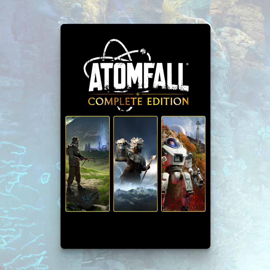 Atomfall Complete Edition game case on a textured surface of a mushroom-filled cave with an unnatural blue glow.