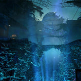 Underwater scene with coral and a large shipwreck in the background