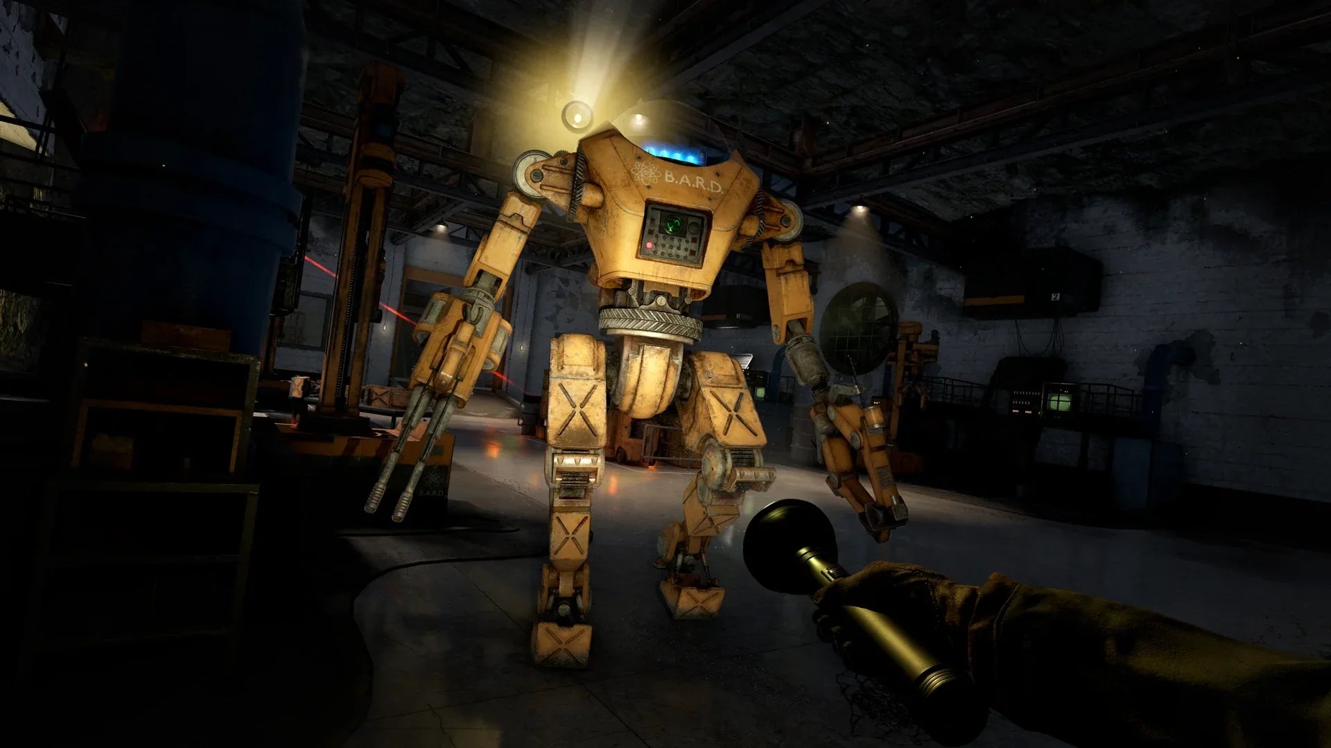 Screenshot of the player pointing their flashlight at a large yellow BARD robot within a warehouse area