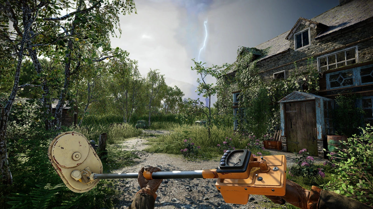Atomfall character using a metal detector outside an abandoned house