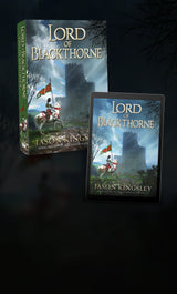 Banner for Lord of Blackthorne, with the book artwork in the background and a mockup of the book in physical and ebook formats on top