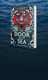 Banner for The Door on the Sea, with a stock photo of the sea in the background and a mockup of the book in physical format on top