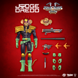 Judge Dredd action figure set from Biker Mice x Mars Productions, featuring the main figure with gold and green armor, multiple weapon accessories, interchangeable hands, and a red textured background.