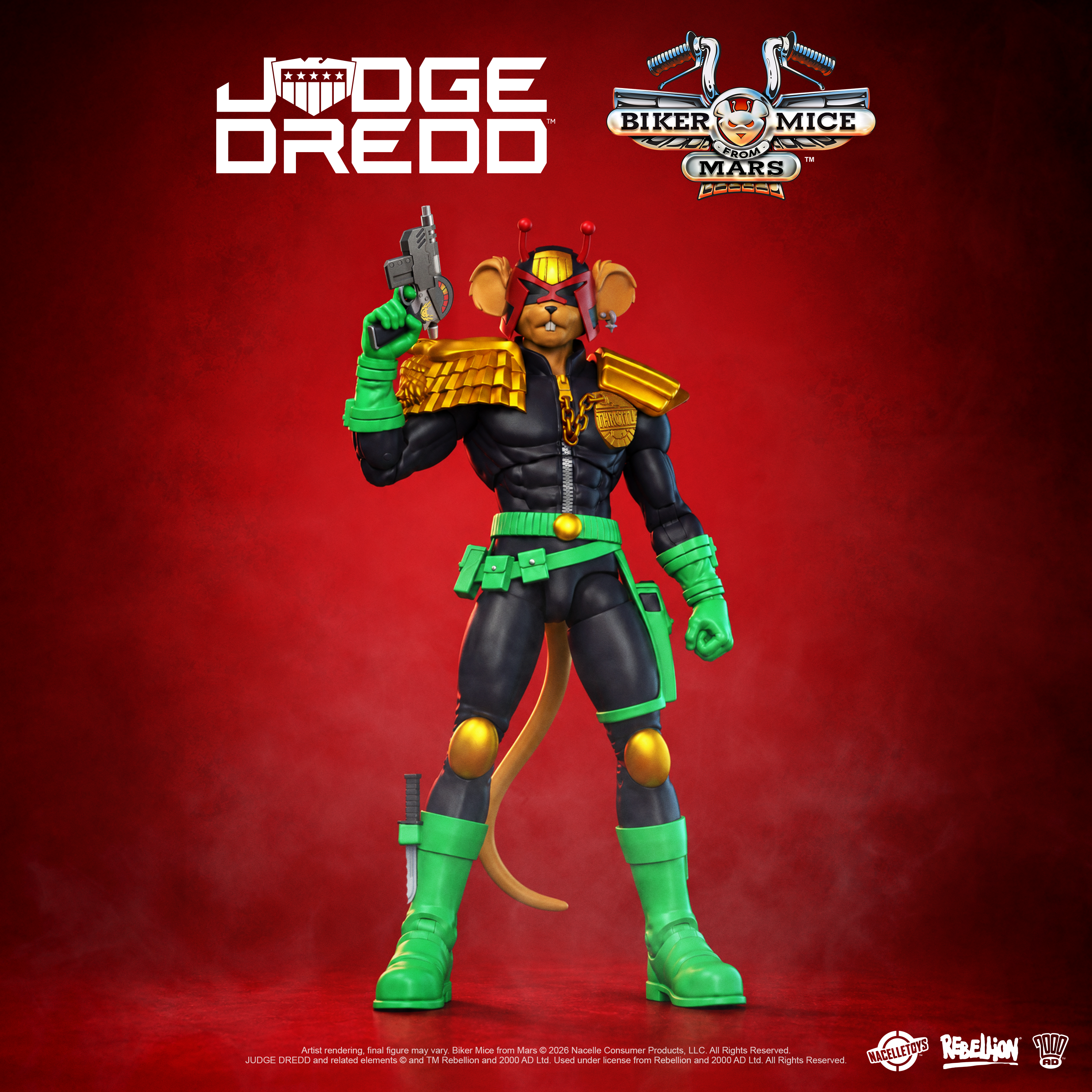 Judge Dredd action figure from Biker Mice Max series, posed holding a gun, wearing a black, green, and gold racing suit, set against a dark red background with brand logos.