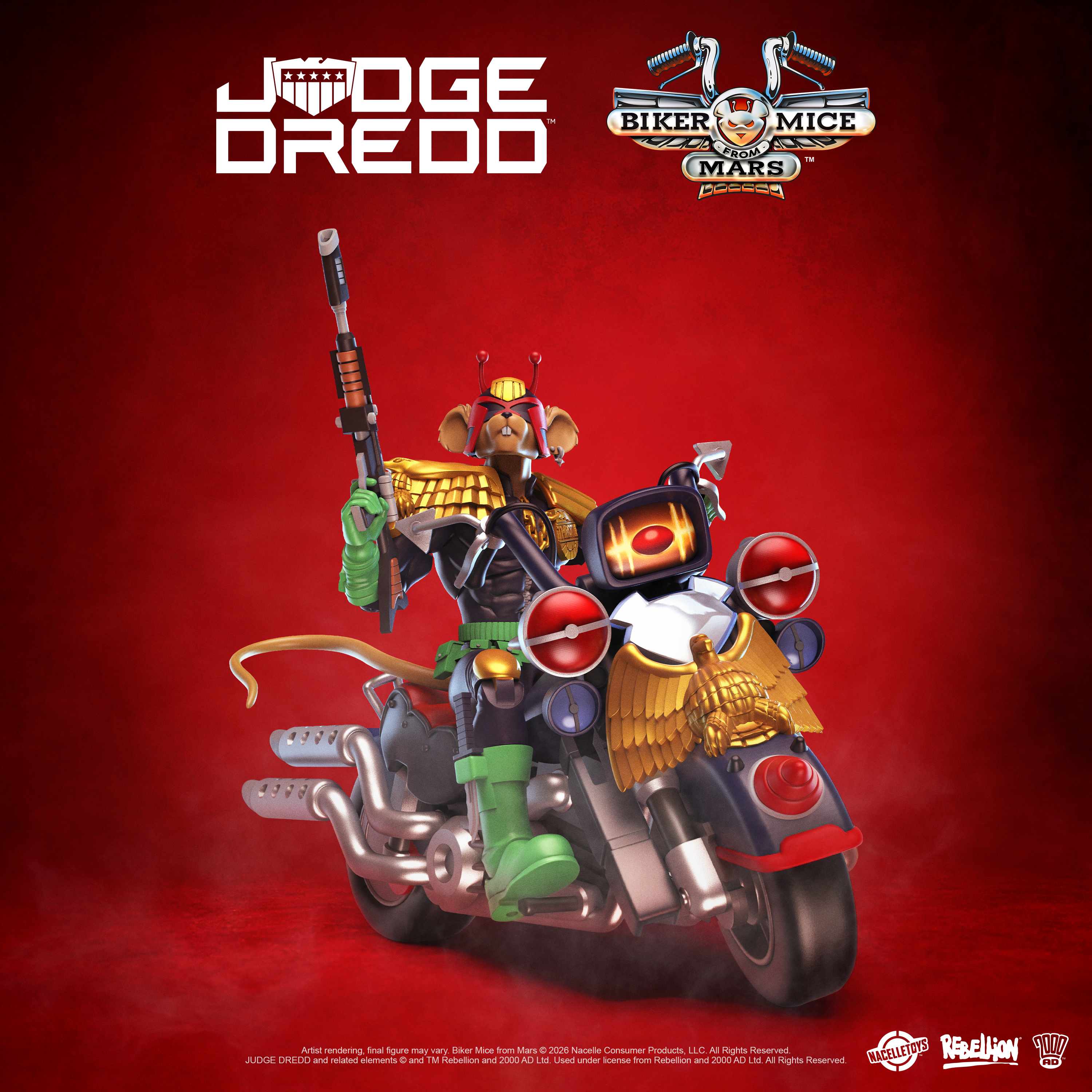 A collectible figure of Judge Dredd riding a custom motorcycle with a mouse character, set against a dark red background with 'JUDGE DREDD' and 'BIKER MICE MAXS' logos at the top.