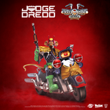 A collectible figure of Judge Dredd riding a custom motorcycle with a mouse character, set against a dark red background with 'JUDGE DREDD' and 'BIKER MICE MAXS' logos at the top.