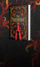 Banner for The Needfire, with the book artwork in the background and a mockup of the book in physical format on top
