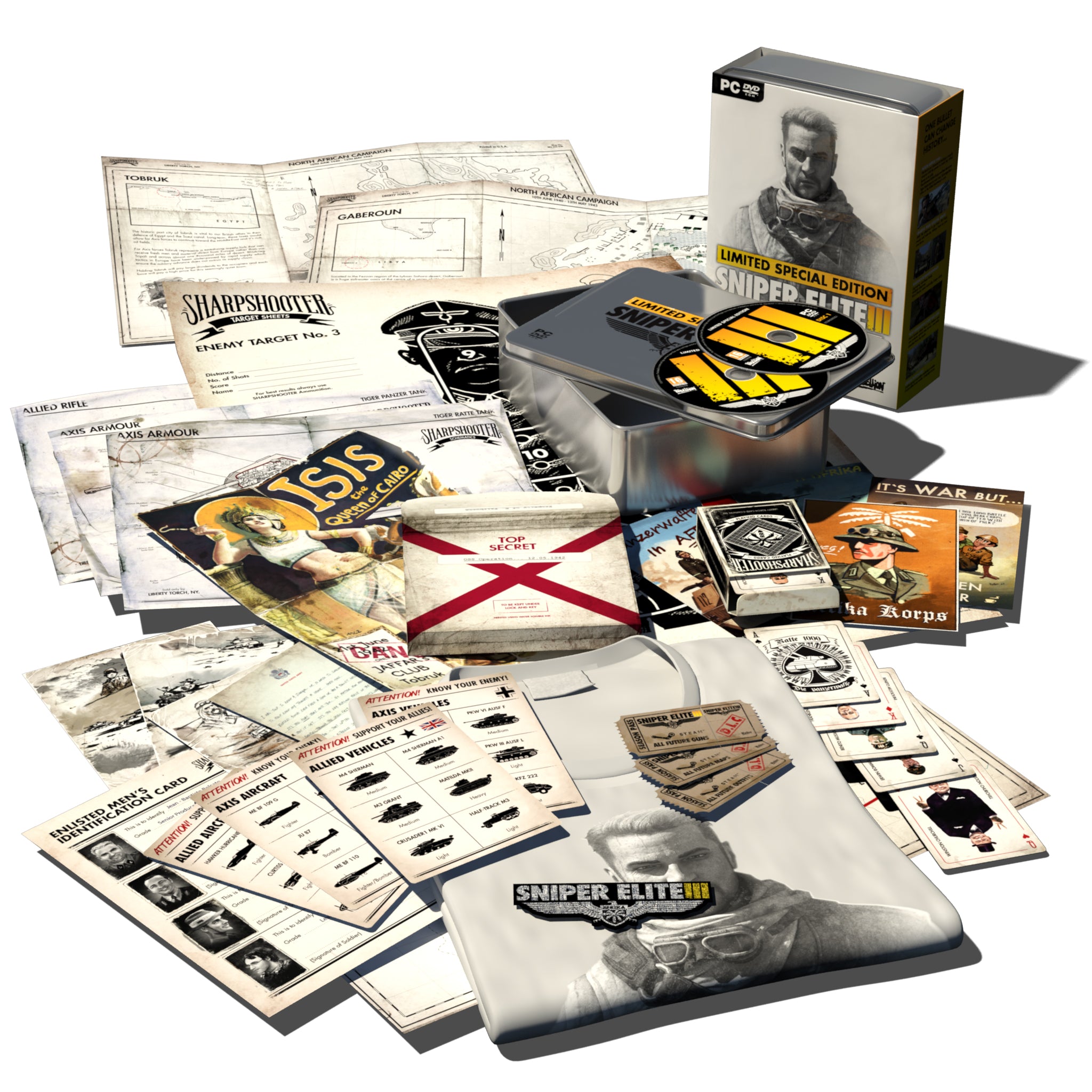Collection of 'Sniper Elite' game items including a box, maps, and cards on a white background