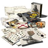 Collection of 'Sniper Elite' game items including a box, maps, and cards on a white background