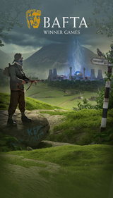 Game scene with a character holding a gun in a lush landscape, with a glowing power plant in the distance. A BAFTA winner logo is placed at the top of the image.