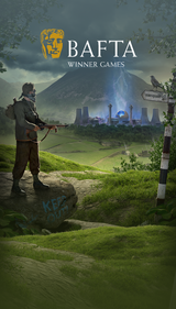 Game scene with a character holding a gun in a lush landscape, with a glowing power plant in the distance. A BAFTA winner logo is placed at the top of the image.