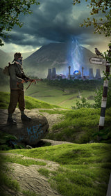 Man with gun sitting on rock in the Lake District, Cumbria, UK looking into the distance towards the broken down Windscale Nuclear Plant which is scattering radioactive material in the region.