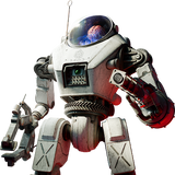 Robotic figure with a space-themed helmet