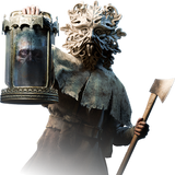 Statue of a figure with a large head and an axe, holding a lantern with a face inside.