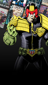 Comic book character Judge Dredd in a dynamic pose with comic books in the background