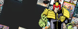 Comic book character Judge Dredd in a dynamic pose with comic books in the background
