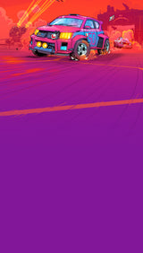 Colorful cartoon-style car on a vibrant pink and orange background