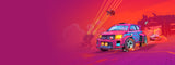 Colorful cartoon-style car on a vibrant pink and orange background