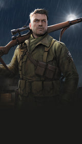 Soldier holding a rifle in a dark, rainy urban setting with industrial structures.