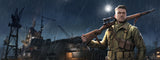 Soldier holding a rifle in a dark, rainy urban setting with industrial structures.