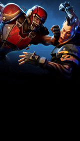 Artwork of 2 athletes equipped with rugby-style gear fighting over a ball. One of them dressed in red is holding it and is charging forward at the other person who is dressed in blue, knocking them out with their forearm.