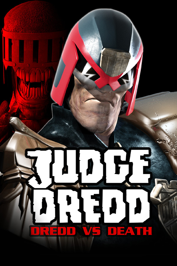 Poster depicting Judge Dredd with Judge Deaths face in red in the background and the words 'JUDGE DREDD, DREDD VS DEATH' below in white and red caps