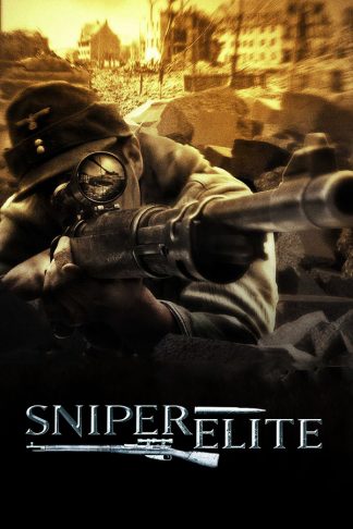 Poster for Sniper elite showing a solider lining up a shot though a rifle sights while hunkered down in rubble. The words 'SNIPER ELITE' are below in metal caps framed with a bullet and rifle