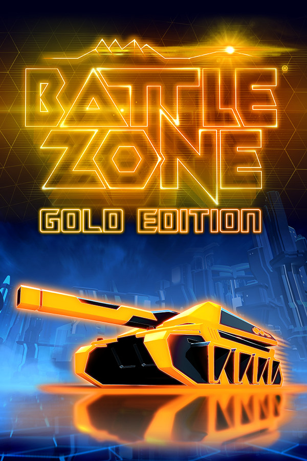 Battle Zone poster showing a yellow futuristic tank below yellow neon text: 