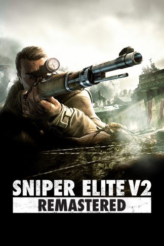 Sniper Elite V2 poster showing a sniper lining up a shot with barbwire and ruined buildings in the background. At the bottom are the words 'SNIPER ELITE V2' in white caps and 'REMASTERED' in black caps on a white background