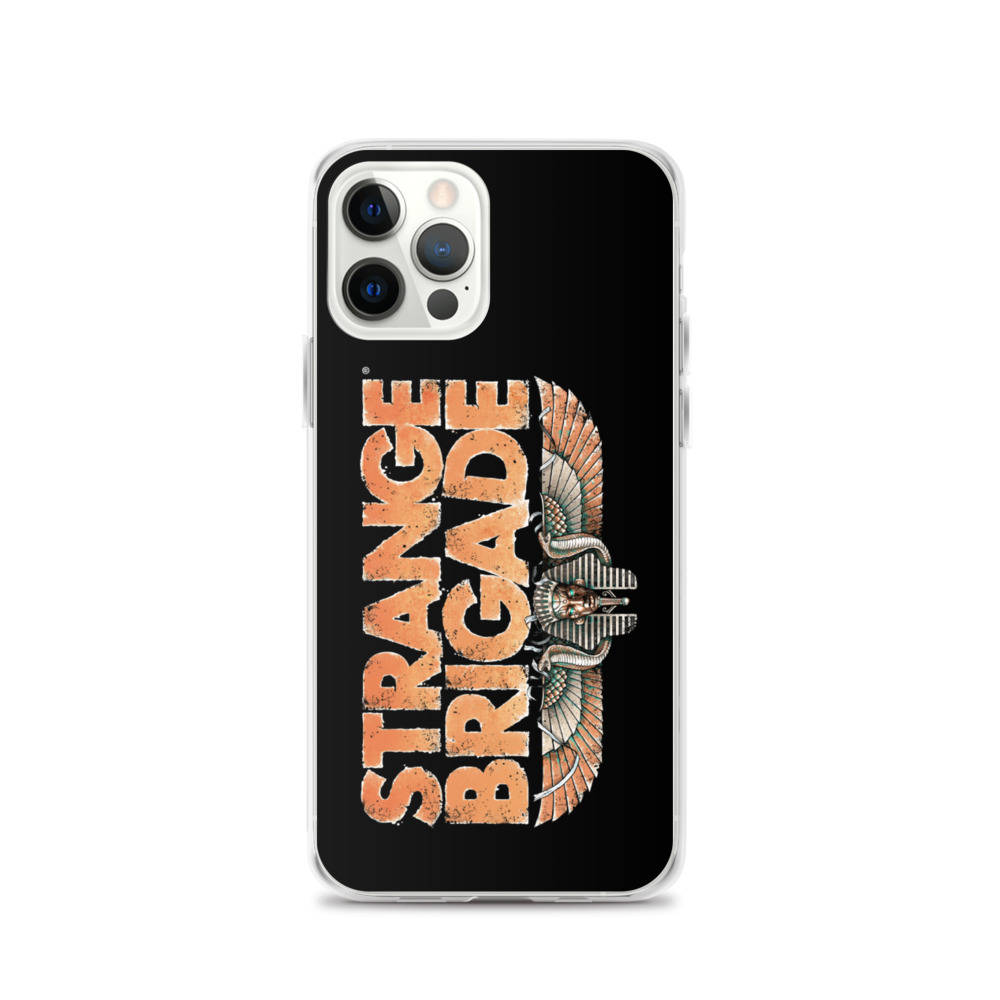 Image of a Black Phone Case with Orange Strange Brigade winged Pharoah's head logo