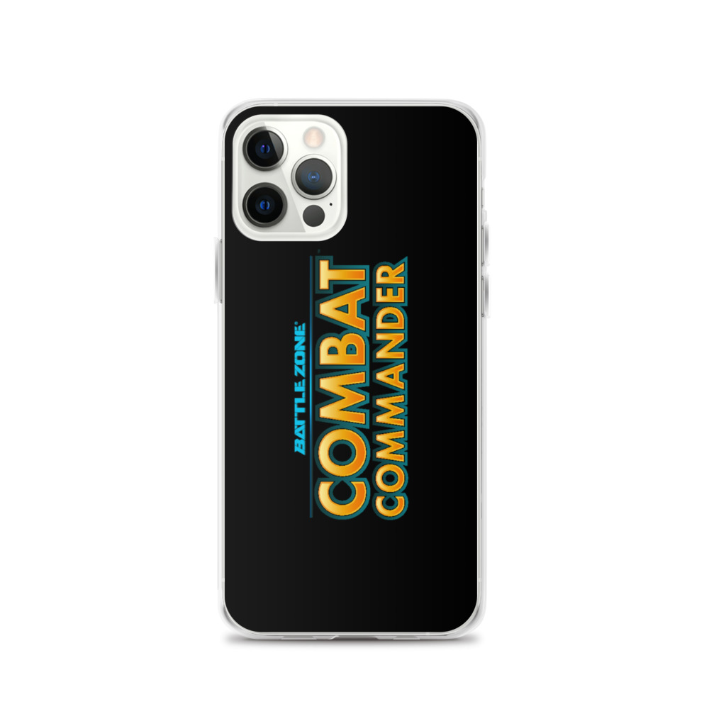 Image of a Black Phone Case with Blue and yellow 'Battle Zone: Combat Commander logo vertically across the middle