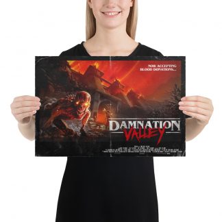 Female model holding Damnation Valley small poster