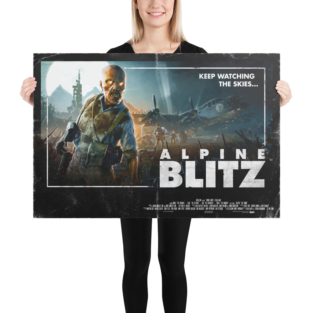Female model holding Alpine Blitz large poster
