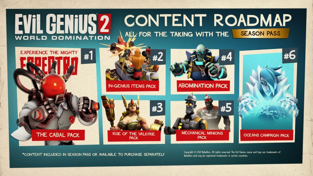 Image showing individual packs from the Evil Genius 2 Season Pass