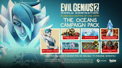 Image featuring details of the Evil Genius 2 Oceans Campaign Pack, including new Genius Polar