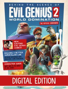 Evil Genius 2 magazine cover featuring 4 geniuses and island lair