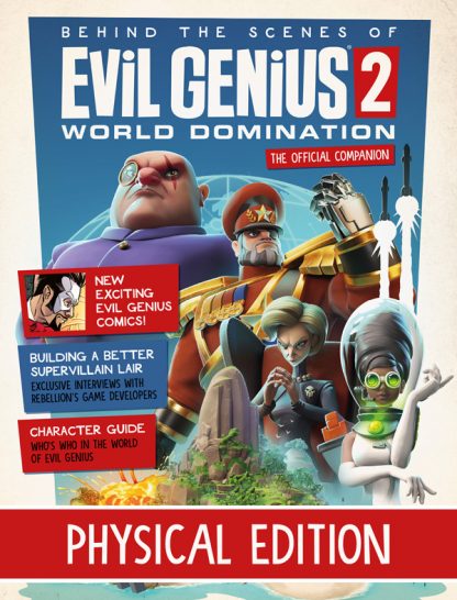 Evil Genius 2 Magazine cover with 4 geniuses and island lair