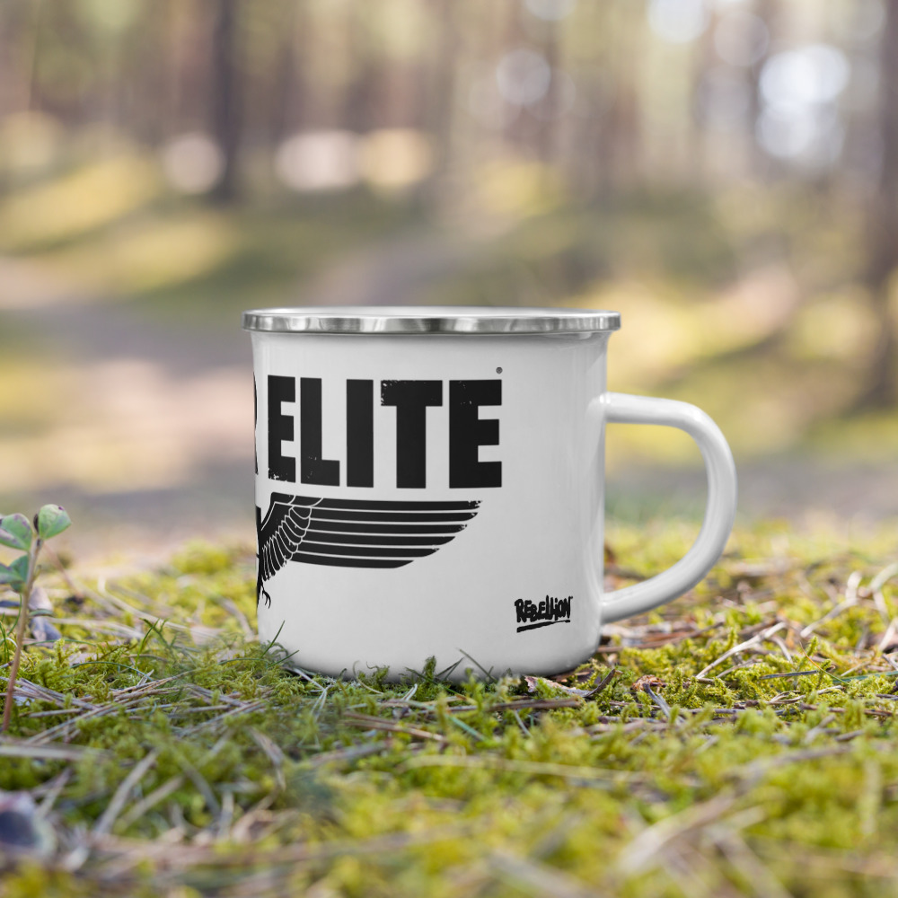 White enamel mug with Sniper Elite logo placed in the woods