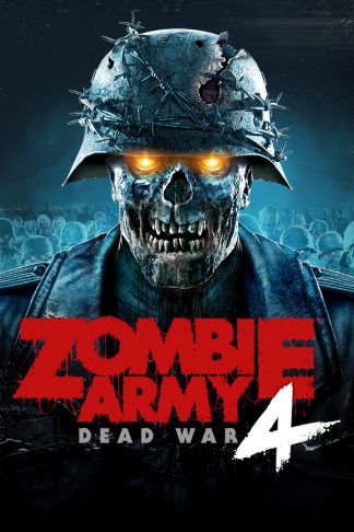 Zombie army: Dead war 4 poster depicting an undead soldier with glowing yellow eyes and barb wire wrapped around his helmet. the game title is below in red caps