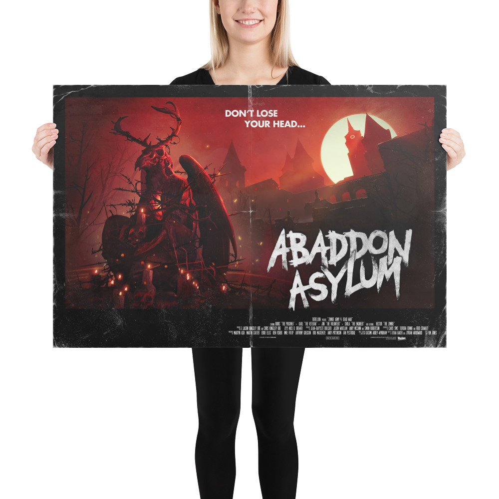 Model holding 24 x 36 poster of Zombie Army 4 Abaddon Asylum level art