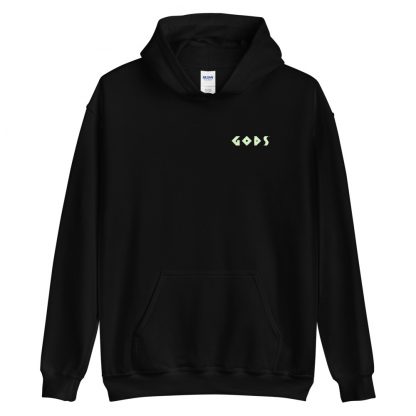 Black hoodie with Gods logo in blue