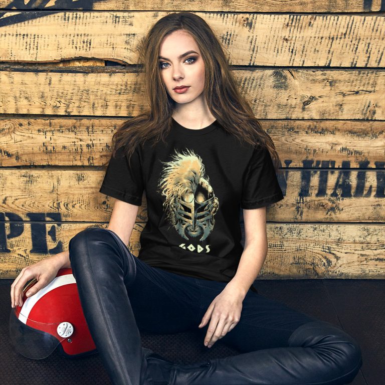 Black t-shirt worn by female model with Gods helmet of Hercules artwork in Gold