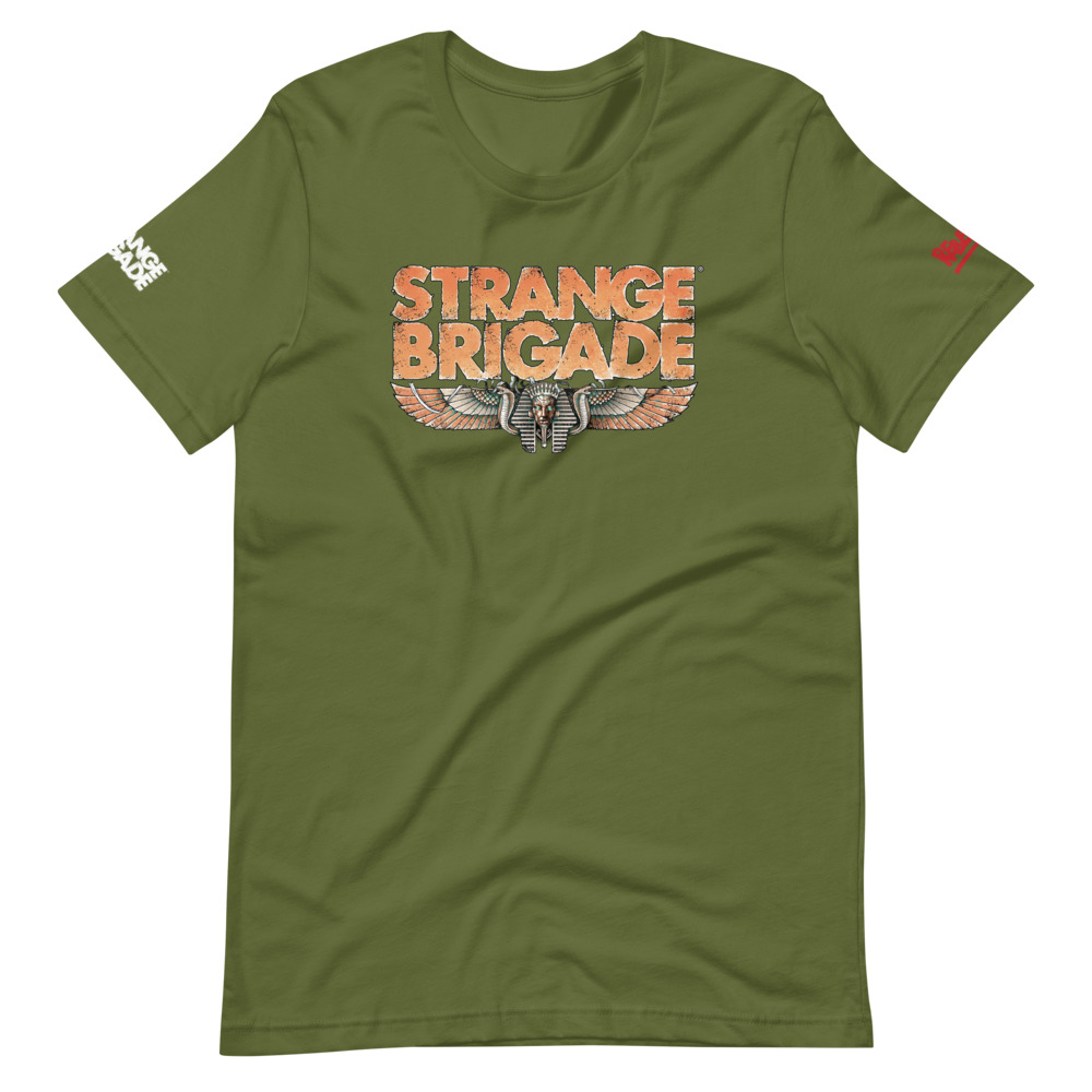 T-shirt in olive featuring Strange Brigade logo