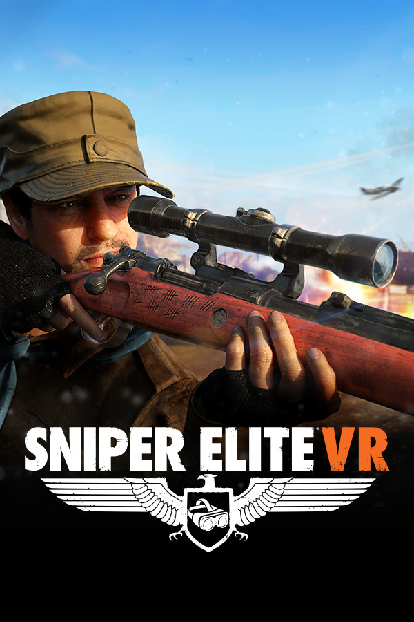 Poster of a sniper lining up a shot through his rifle scope. in the blue sky behind him a fighter plane can be seen and below are the words 