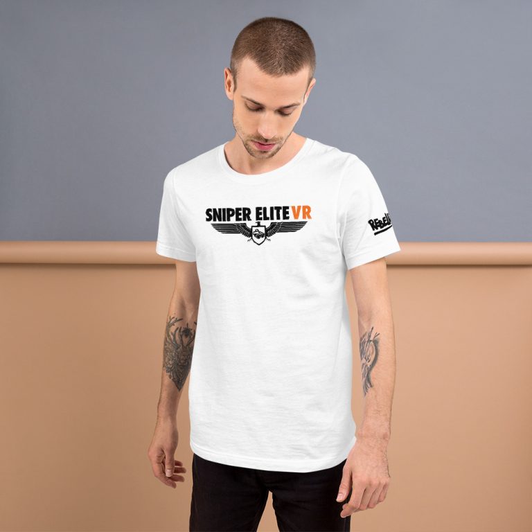 Male model wearing Sniper Elite VR t-shirt in white
