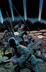A page from a comic book showing a German army anti air gun crew, one of whom has just been shot
