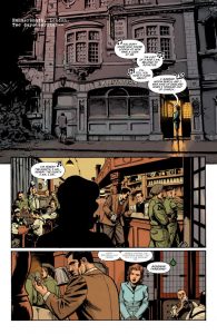 A page from a comic book showing a pub during the London Blitz. A woman enters and addresses a man at the bar 