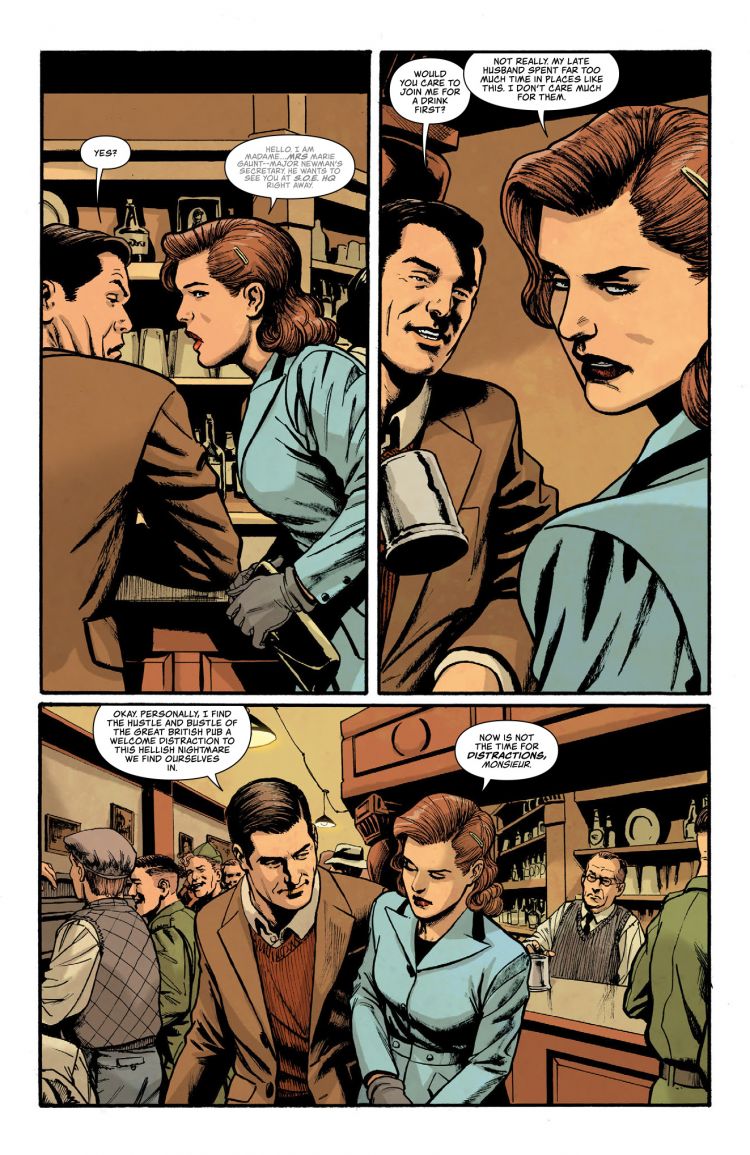 A page from a comic book showing Karl Fairburne and a woman having a discussion in a crowded pub