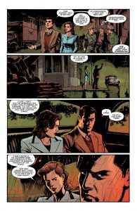 A comic book page showing the streets of London in the blitz. Karl Fairburne and a woman discuss her deceased husband and her sister who is in occupied France