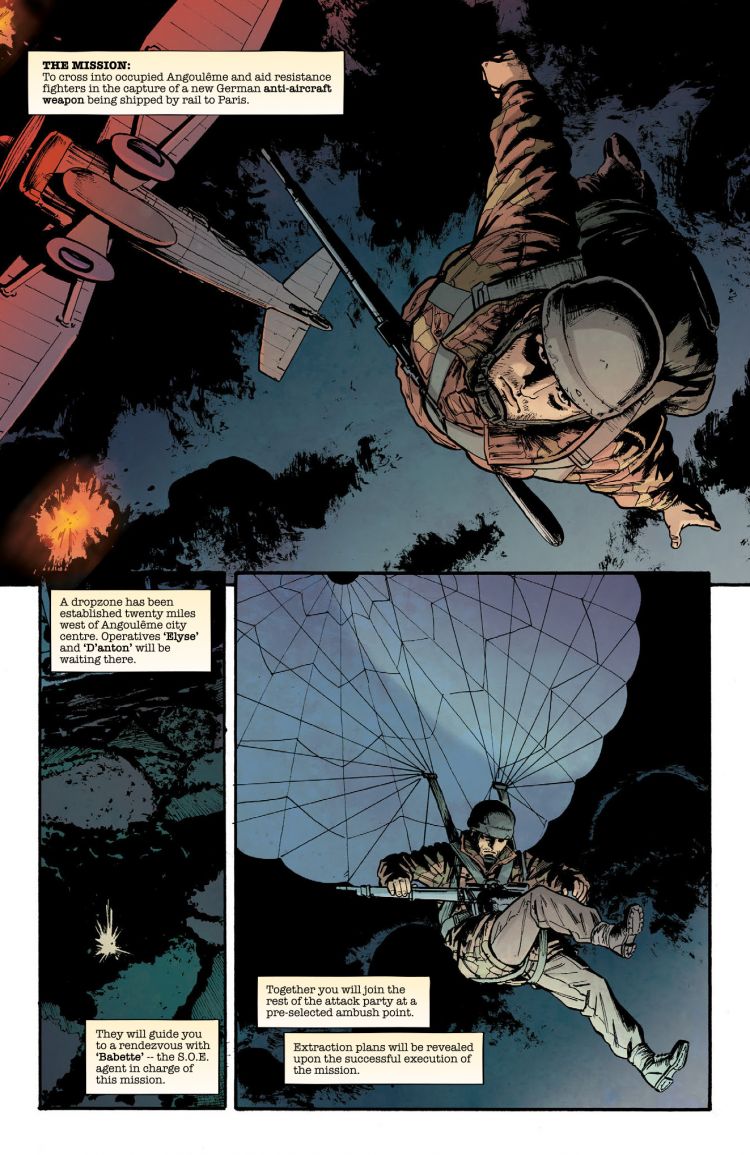 A comic book page showing a paratrooper jumping from a plane